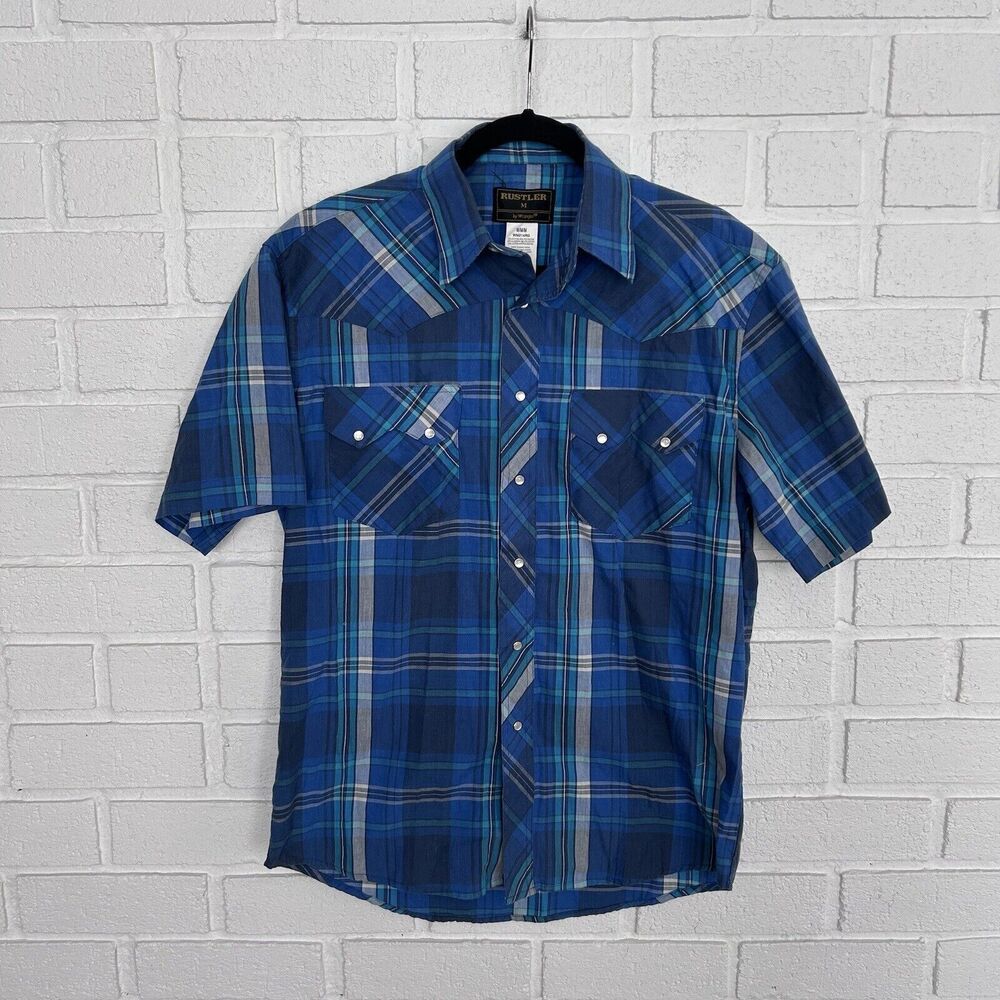 Rustler Wrangler Western Pearl Snap Sawtooth Pockets Mens Medium Short Sleeve